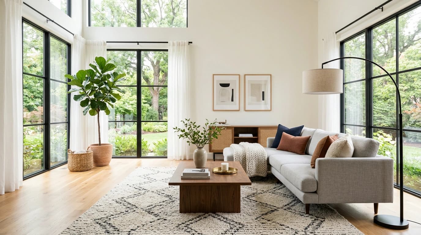 Сравнение: пустая комната и она же после виртуального home staging с мебелью и светом